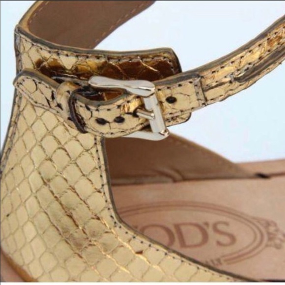 Tod's Snakeskin Ankle Strap Flat Sandals Gold 6.5 - Picture 5 of 8